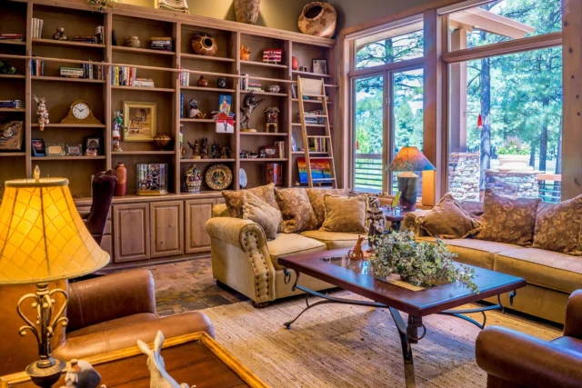 luxury living room with large windows overlooking a city skyline