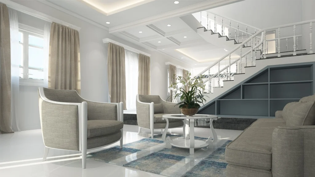 Elegant living room with high ceilings and chandelier showcasing what to look for when buying a luxury home